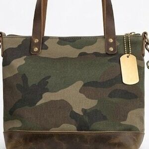 R. Riveter Camo Canvas & Leather Crossbody Bag American Handmade 2020 Dog Tag